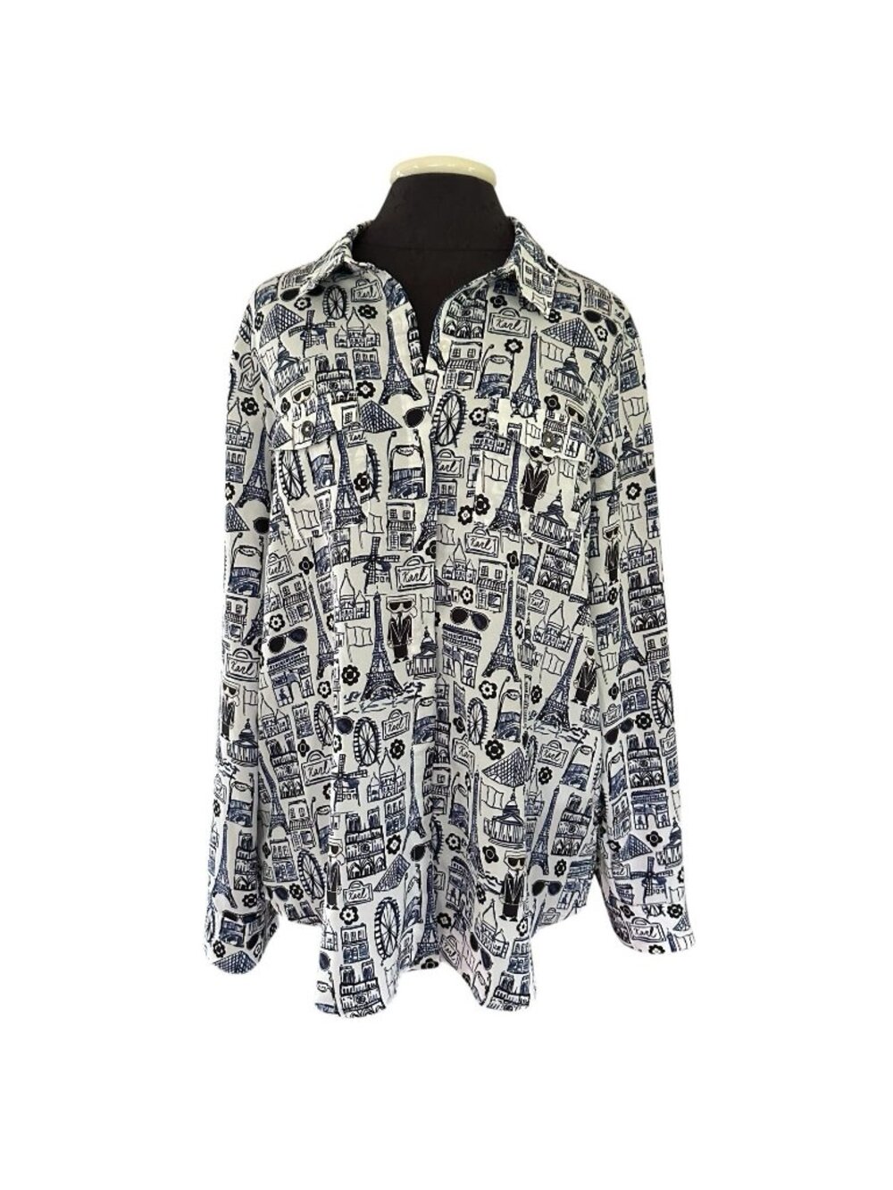 Karl Lagerfeld Shirt L Parisian Cityscape Button Up Long Sleeve Blue White